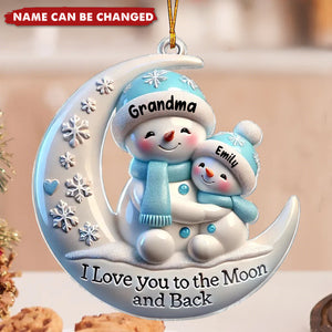 Snowmen Grandma & Hugging Grandkid On The Moon - Personalized Acrylic Flat Ornament