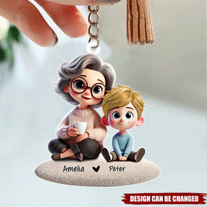 Happy Grandma & Grandkid Sitting Personalized Acrylic Keychain, Perfect 2025 Mother's Day Gift For Mom, Grandma
