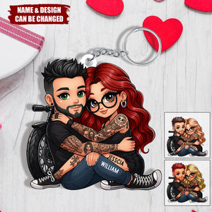 Biker Cartoon Effect Couple Personalized Acrylic Keychain, Gift for Motorcycle Lovers