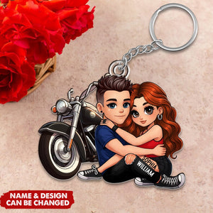 Biker Cartoon Effect Couple Personalized Acrylic Keychain, Gift for Motorcycle Lovers