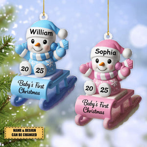 Baby's First Christmas Snowman On Sleigh, Personalized Custom Wood Ornament