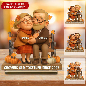 Old Couple Sitting Hugging Personalized Standing Wooden Plaque, Fall Decor for Couples