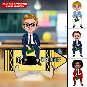 Doll Teacher Sitting On Crayon Personalized 2-Layer Wooden Plaque