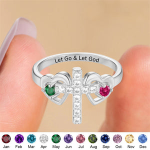 Double Heart Birthstone Cross Ring- Personalized Ring, Gift for Christian Women Couples