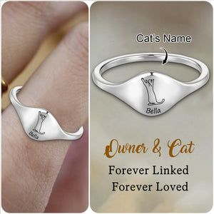 Cute Engraved Cat Silhouette Ring with Name - Personalized Birthday Memorial Ring, Gift for Cat Lover