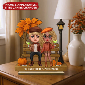 3D Effect Fall Season Couple Sitting On The Bench - Personalized 2-Layer Standing Wooden Plaque