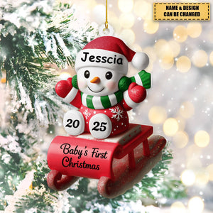 Baby's First Christmas Snowman On Sleigh, Personalized Custom Wood Ornament