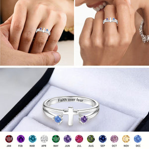 Double Birthstones Cross Ring- Personalized Ring, Gift for Christian Women Couples