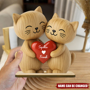 3D Effect Cat Couple Love Personalized Standing Wooden Plaque