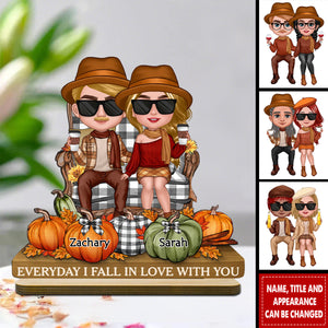 3D Effect Fall Season Couple Sitting Pumpkins - Personalized 2-Layer Standing Wooden Plaque