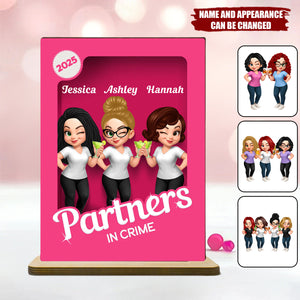 Besties Partner In Crime Pink 3D Effect - Personalized 2-Layer Standing Wooden Plaque