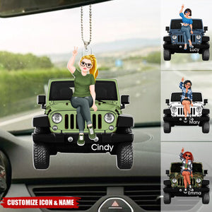 Girl Sitting On Off-road Car - Personalized Acrylic Car Ornament, Gifts For Car Lovers