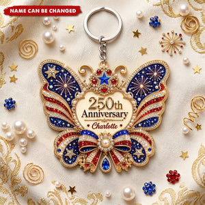 Personalized USA 250th Anniversary Butterfly Acrylic Keychain, Custom Name Patriotic Keyring