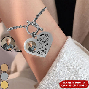 Custom Photo A Piece Of My Heart Is In Heaven Memorial - Personalized Heart Bracelet