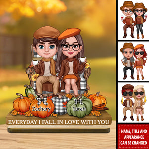 3D Effect Fall Season Couple Sitting Pumpkins - Personalized 2-Layer Standing Wooden Plaque