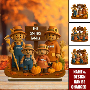 Fall Season Scarecrow Family 3D Effect Personalized 2-Layer Wooden Plaque