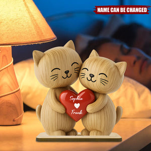 3D Effect Cat Couple Love Personalized Standing Wooden Plaque
