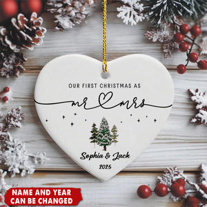 Mr Mrs Ceramic Heart Ornament - Personalized First Christmas Keepsake