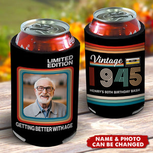 Personalized Stripes Retro Radio Photo Insulated Beer Can Cooler Sleeve with Year and Text Birthday Party Gift for Family Friends