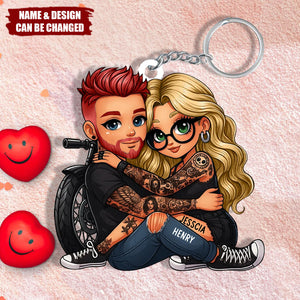 Biker Cartoon Effect Couple Personalized Acrylic Keychain, Gift for Motorcycle Lovers