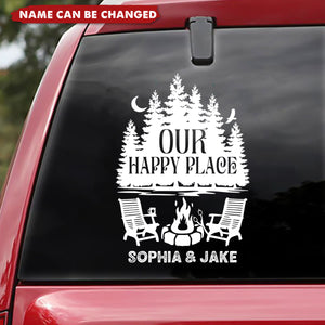 Our Happy Place With Trees, Campfire, And Chairs, Personalized Decor Decal