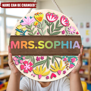 Floral Teacher Name Sign - Personalized Door Sign, Back to School Gift