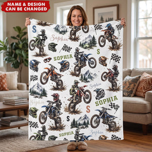Personalized Dirt Bike Blanket for Boys - Custom Motocross Name Throw Keepsake Gift