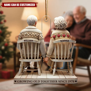 Old Couple Holding Hands Sitting Together - Personalized Acrylic Christmas Ornament, Gift For Couple