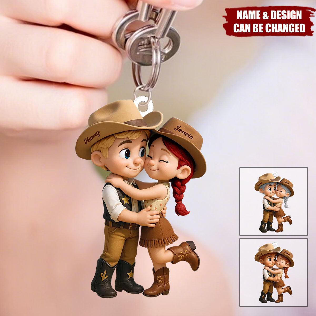 Cartoon Style Countryside Couple Cowboy Cowgirl Personalized Keychain