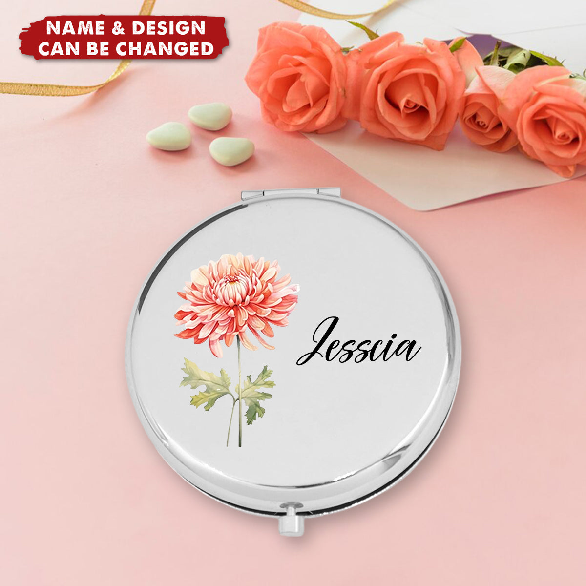 Custom Compact Mirror with Birth Flower, Personalized Name Pocket Mirror