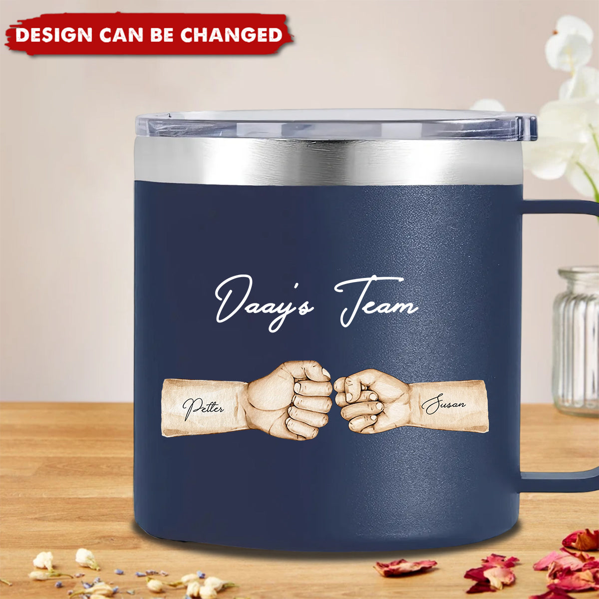 Daddy's Team Fist Bump Personalized Stainless Steel Tumbler With Handle, Unique 2025 Father's Day Gift For Dad
