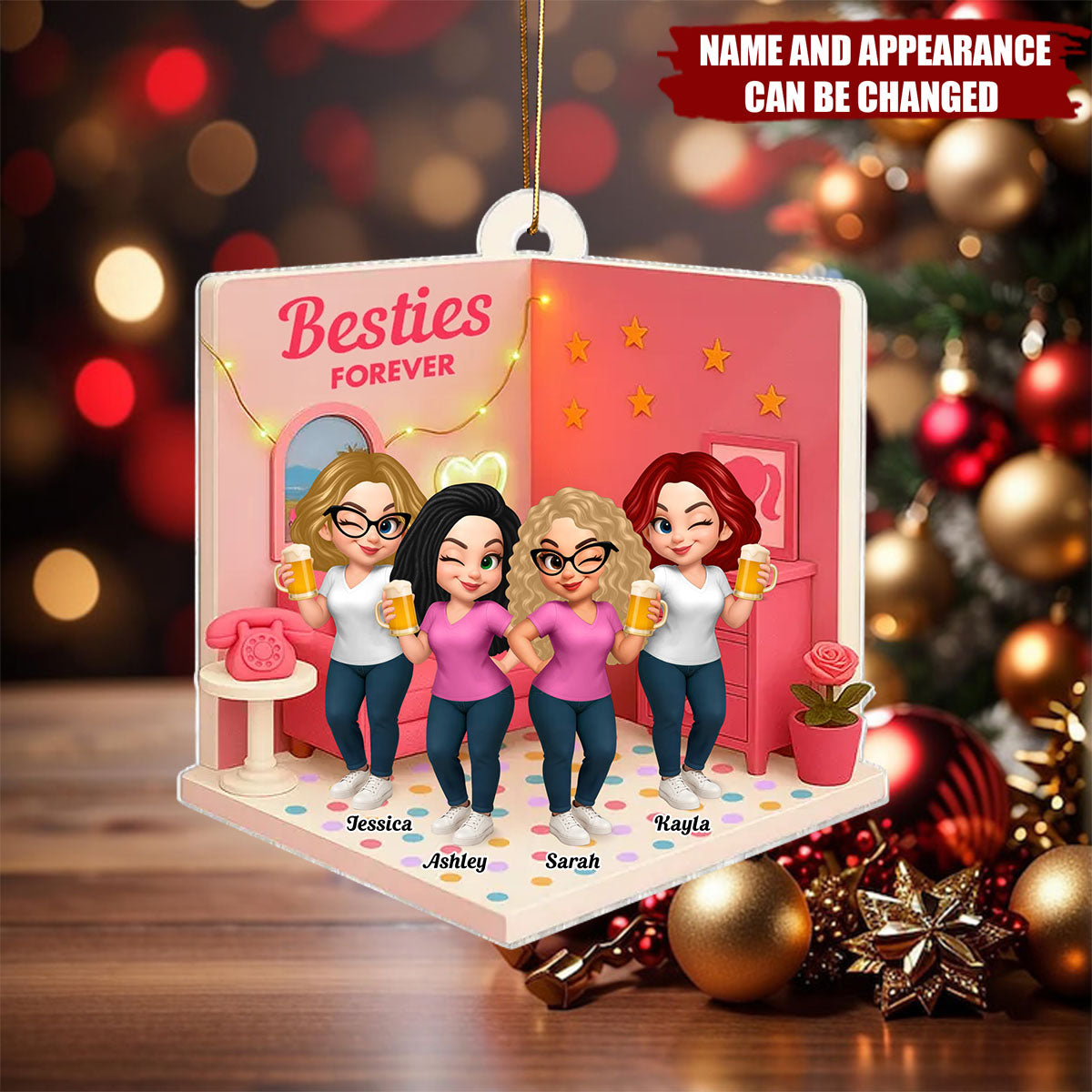 Pink Besties Sisters 3D Effect In House  - Personalized Acrylic Flat Ornament