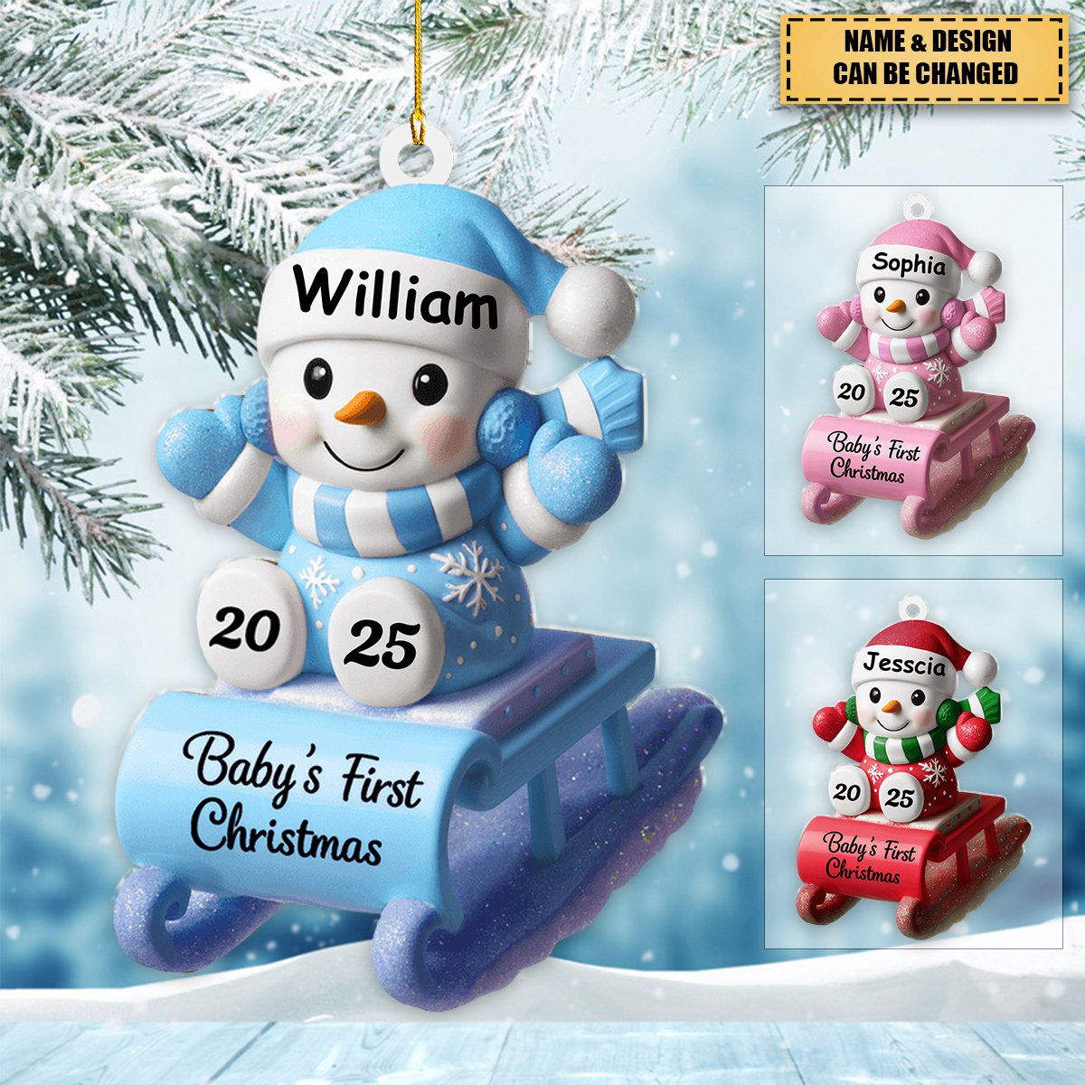 Baby's First Christmas Snowman On Sleigh, Personalized Custom Wood Ornament