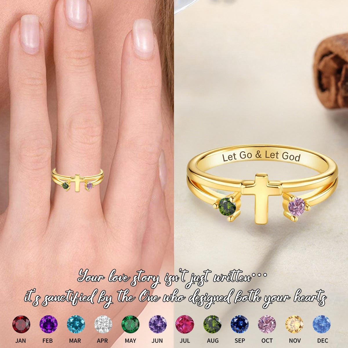 Double Birthstones Cross Ring- Personalized Ring, Gift for Christian Women Couples