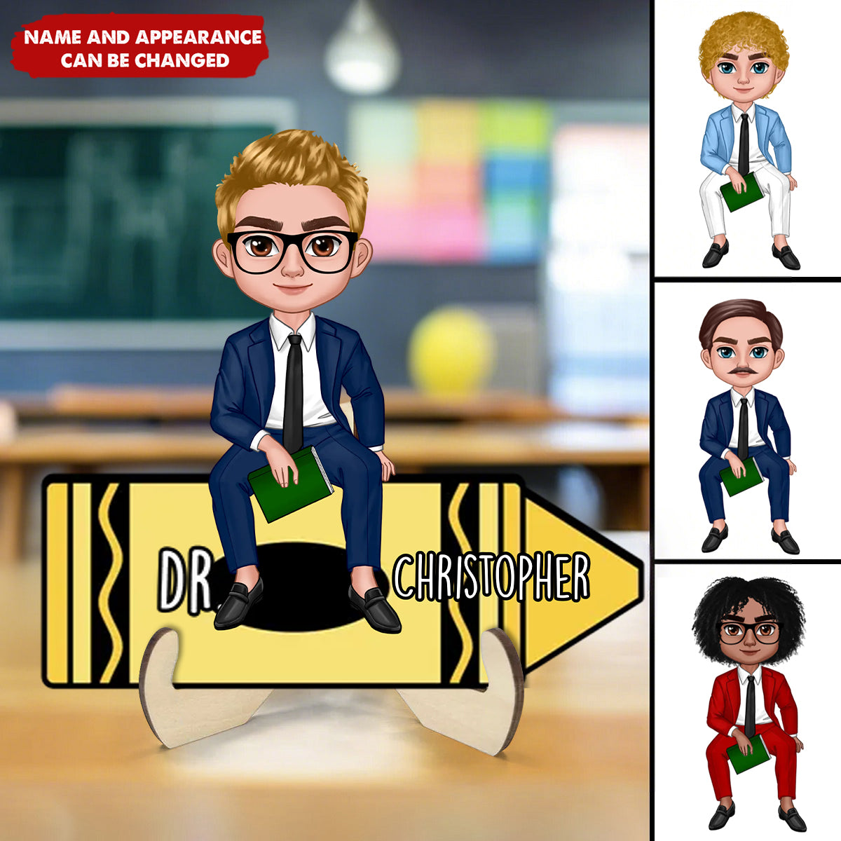 Doll Teacher Sitting On Crayon Personalized 2-Layer Wooden Plaque