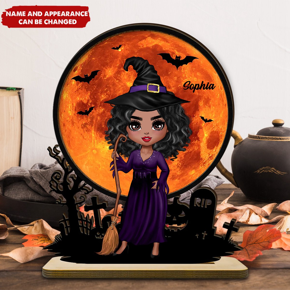 Witch Under Halloween Moon Personalized 2-Layer Standing Wooden Plaque