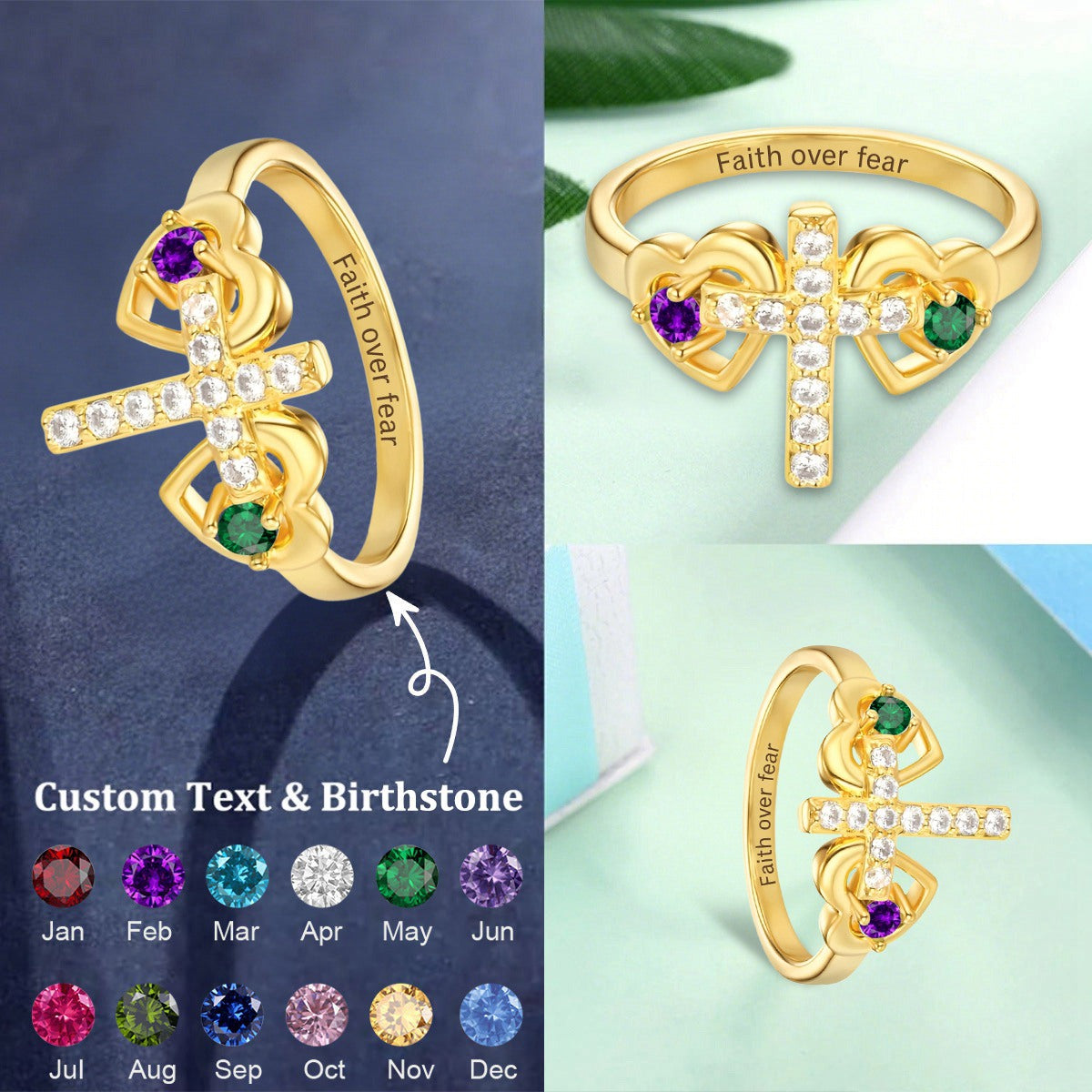 Double Heart Birthstone Cross Ring- Personalized Ring, Gift for Christian Women Couples