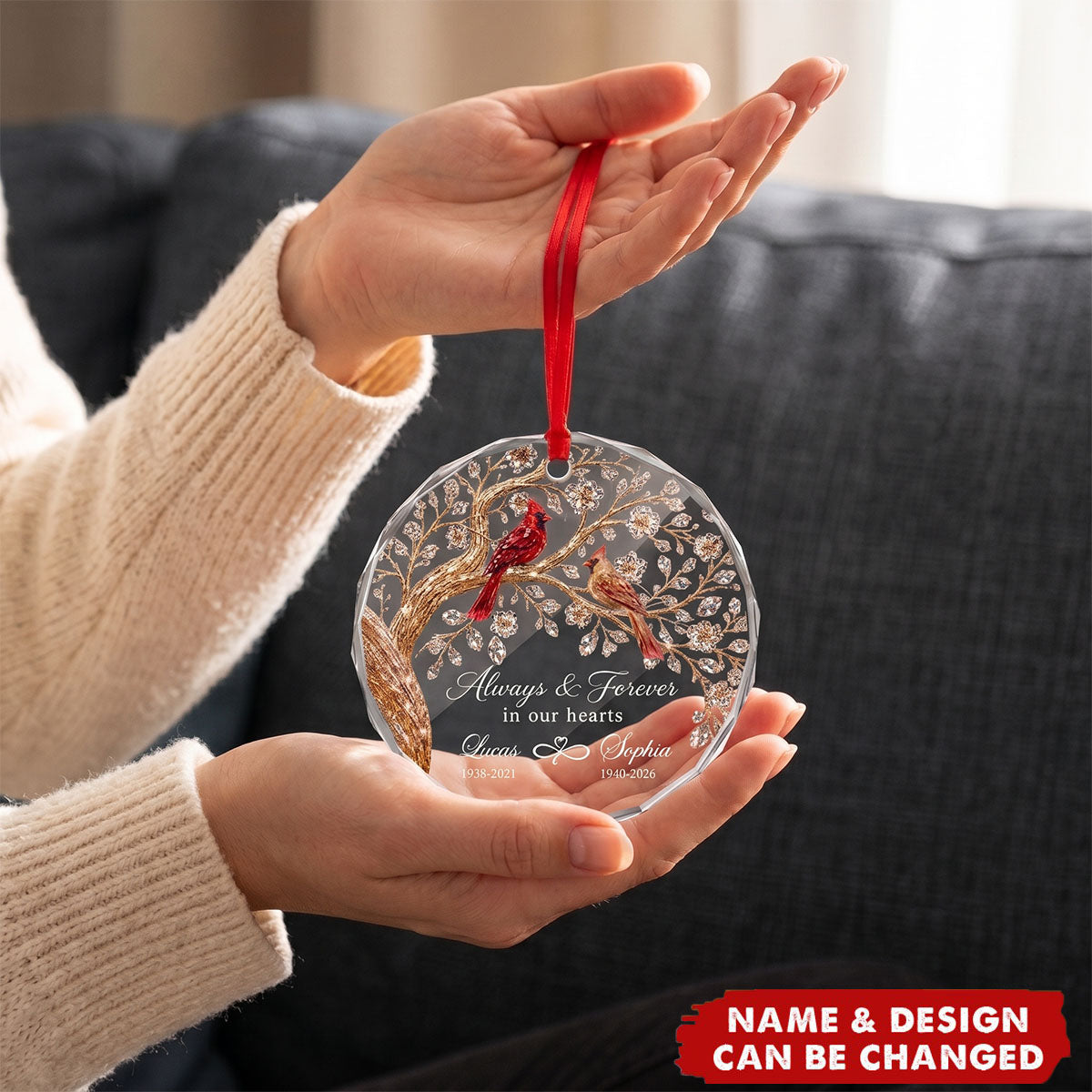 Always And Forever in Our Hearts - Personalized Glass Ornament - Heartfelt Memory Keepsake