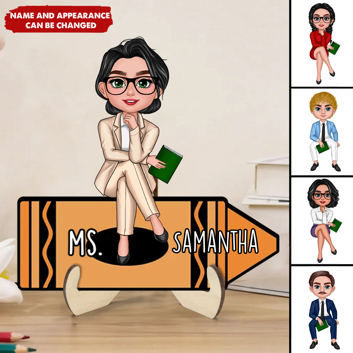 Doll Teacher Sitting On Crayon Personalized 2-Layer Wooden Plaque