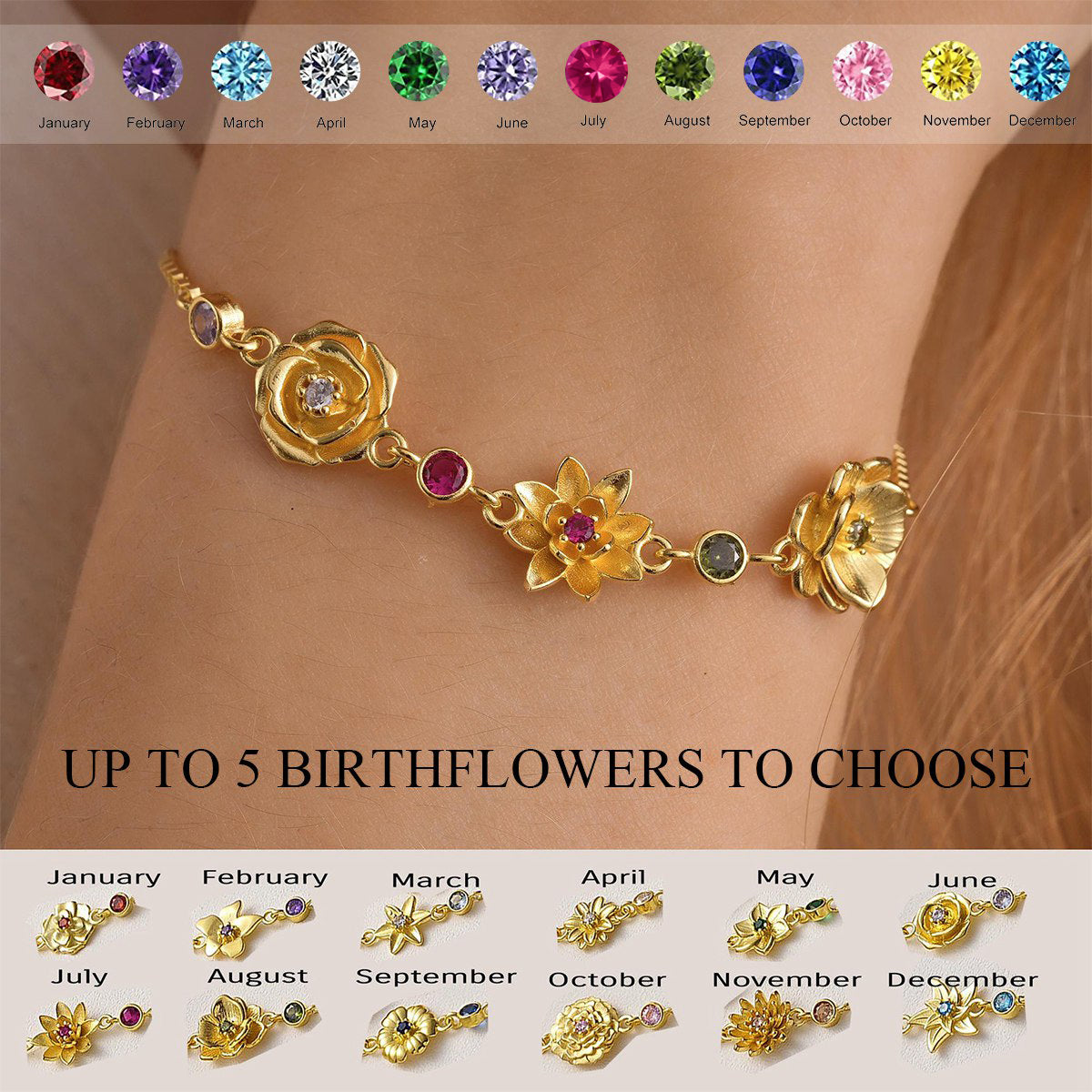 Multi Birth Flower With Birthstone Family Personalized Bracelet
