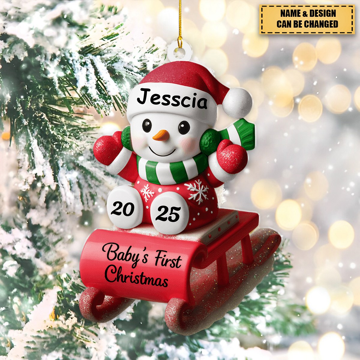 Baby's First Christmas Snowman On Sleigh, Personalized Custom Wood Ornament