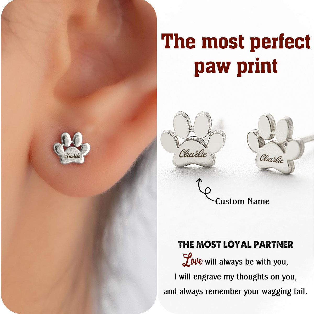 Engraved Paw Print Name Earrings, Paw Print Studs, Personalized Paw Earrings, Gift for Pet Lovers
