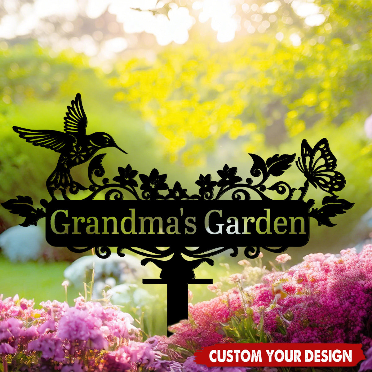 Custom Humming bird Metal Garden Decor, Bird with Flower Garden Sign