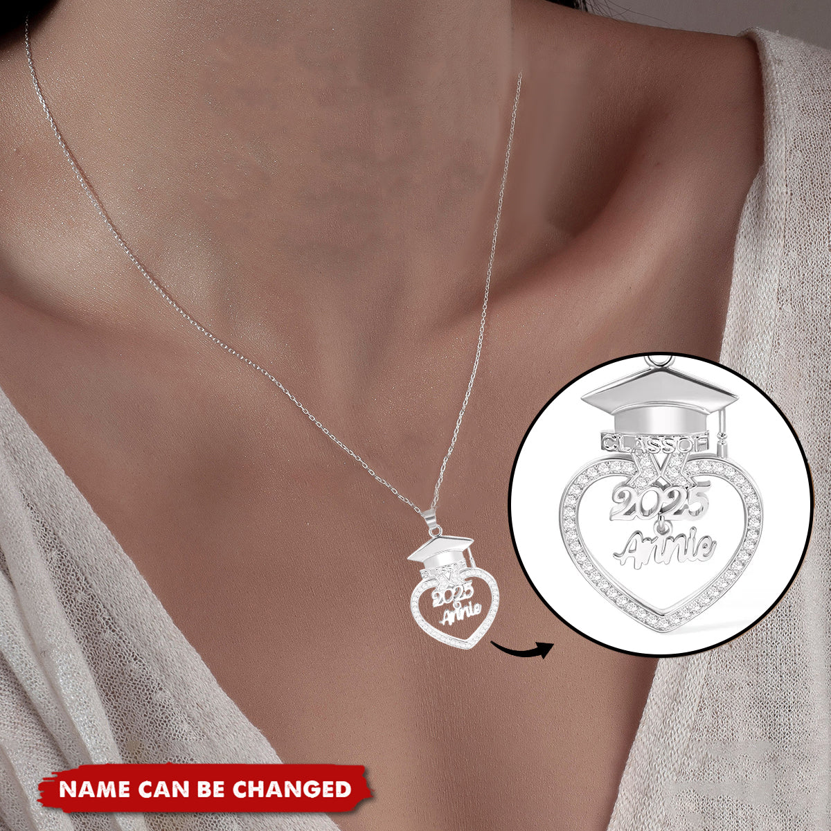 Personalized Grad Cap Zircon Heart Necklace with Name and Year Class of 2025 Graduation Birthday Gift for Graduates