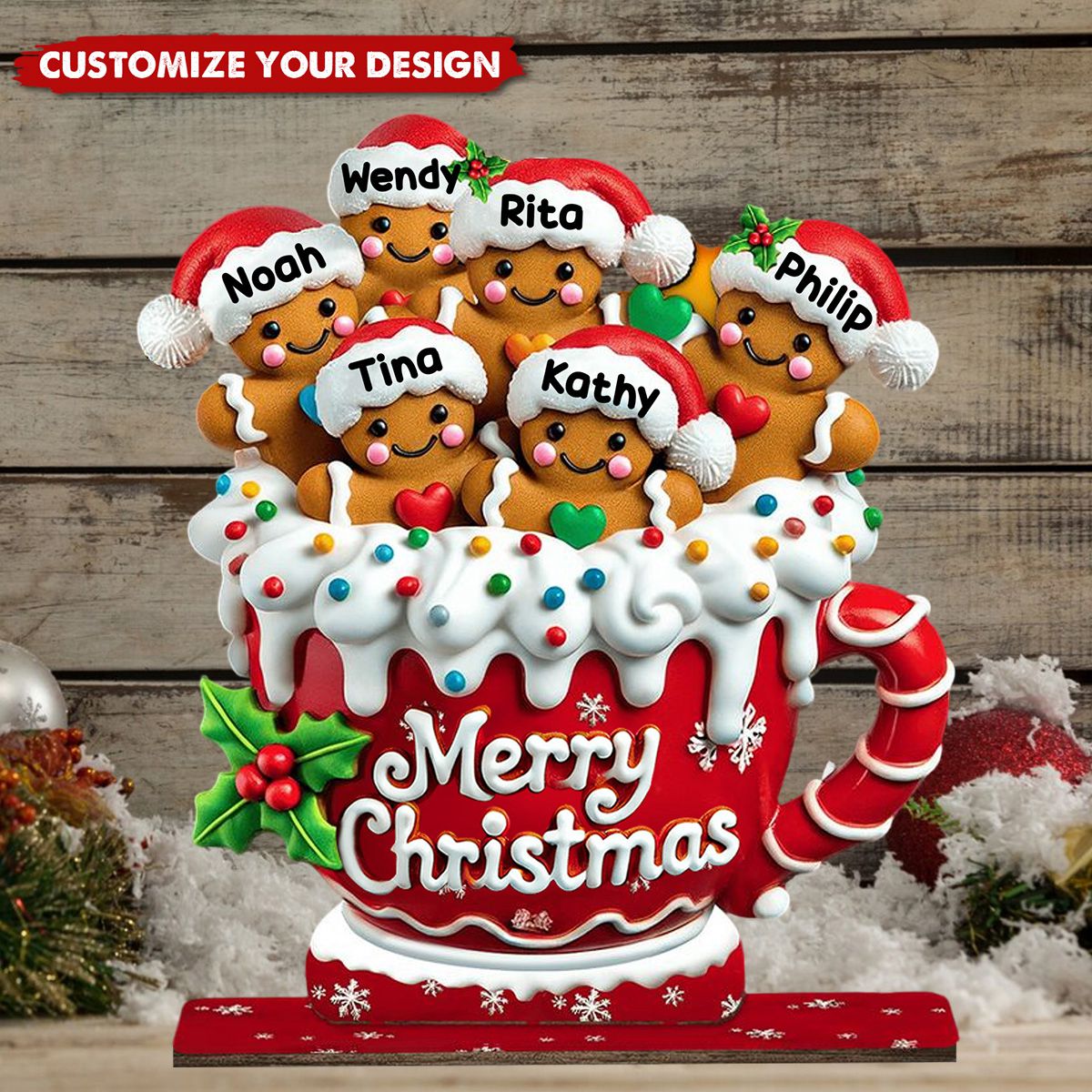 Merry Christmas Gingerbread Cup Personalized Freestanding Wooden Plaque