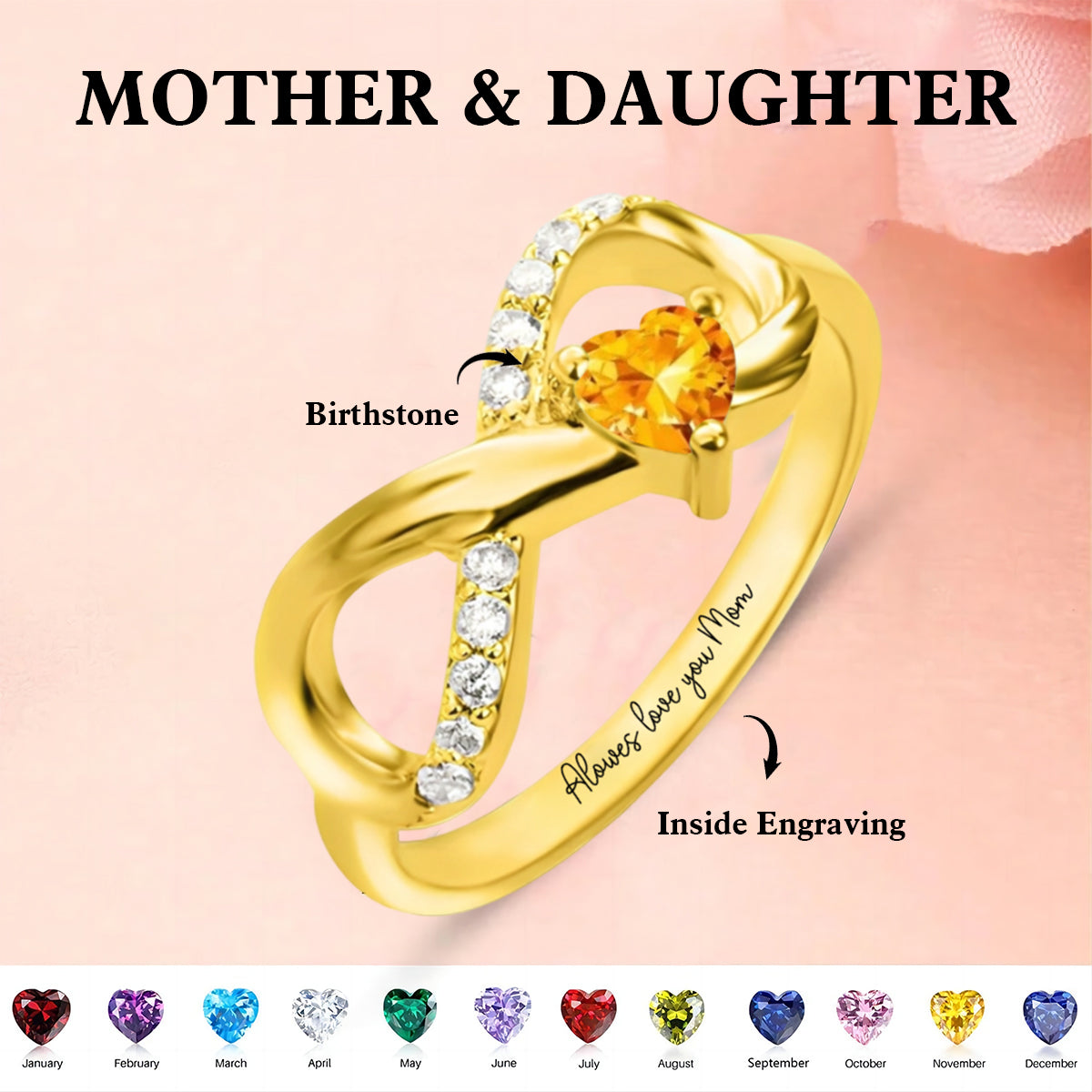 Personalized Angel Wing Infinity Ring with Heart Birthstone and Engraved Text Birthday Anniversary Gift for Her