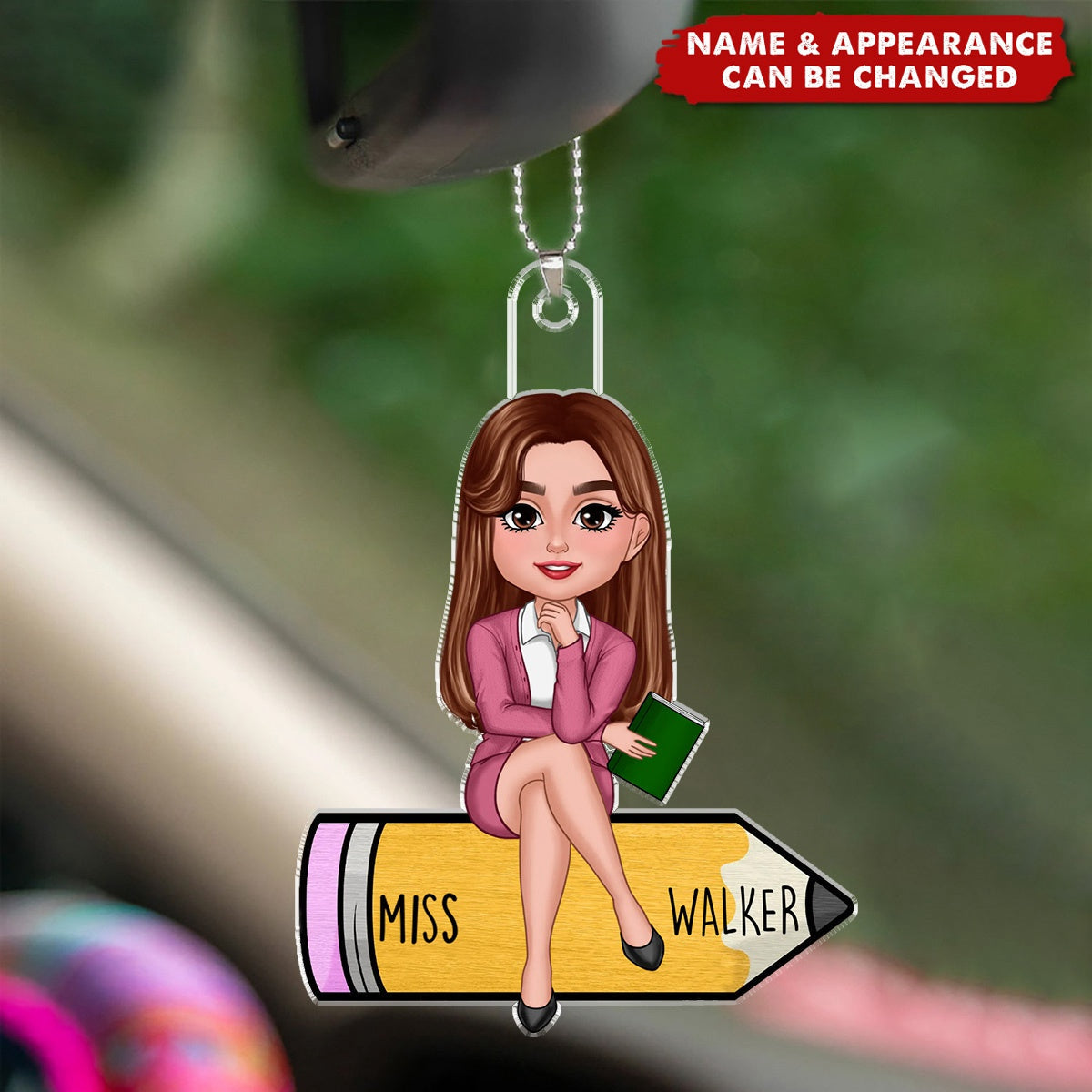 Teacher Sitting On Pencil Personalized Acrylic Car Ornament