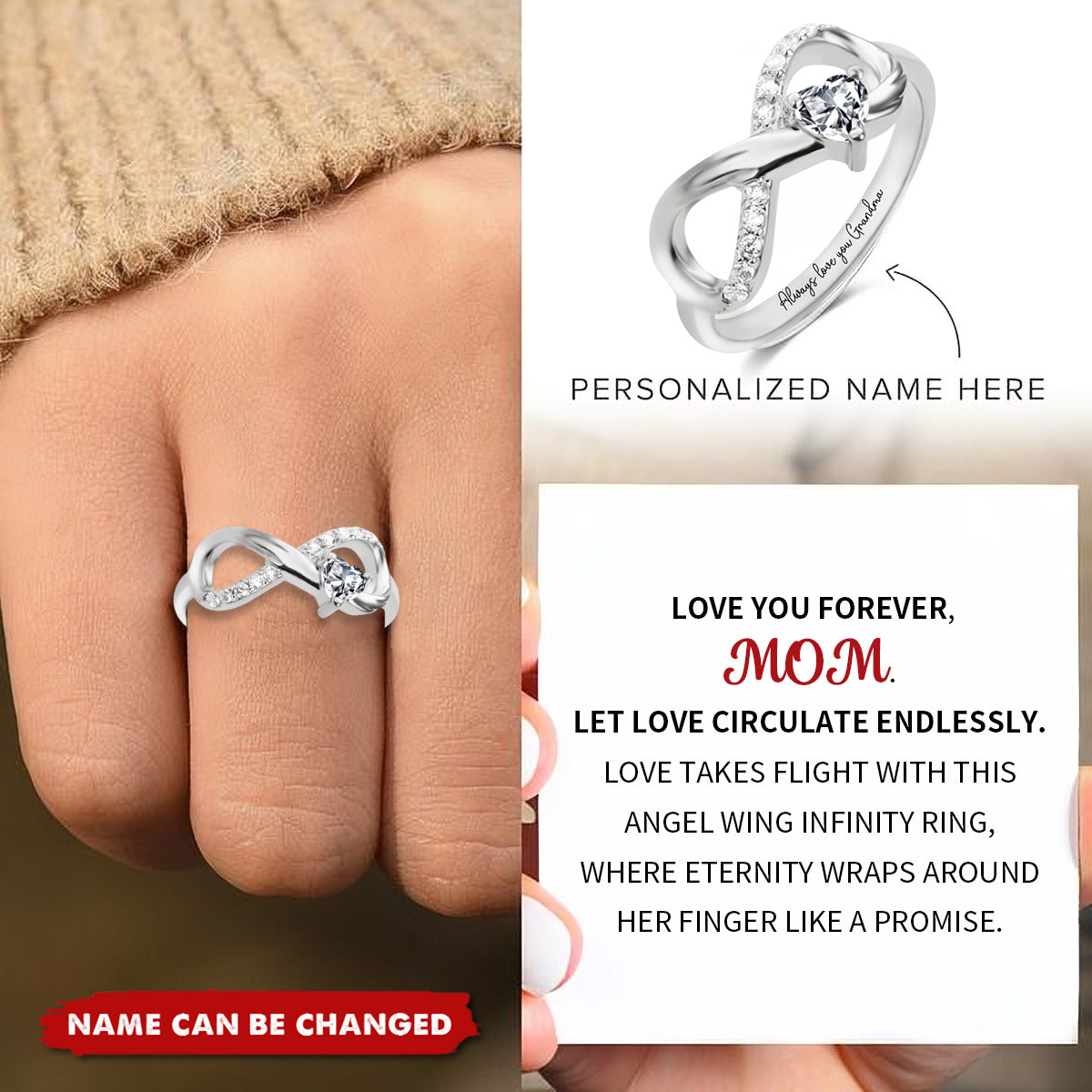 Personalized Angel Wing Infinity Ring with Heart Birthstone and Engraved Text Birthday Anniversary Gift for Her