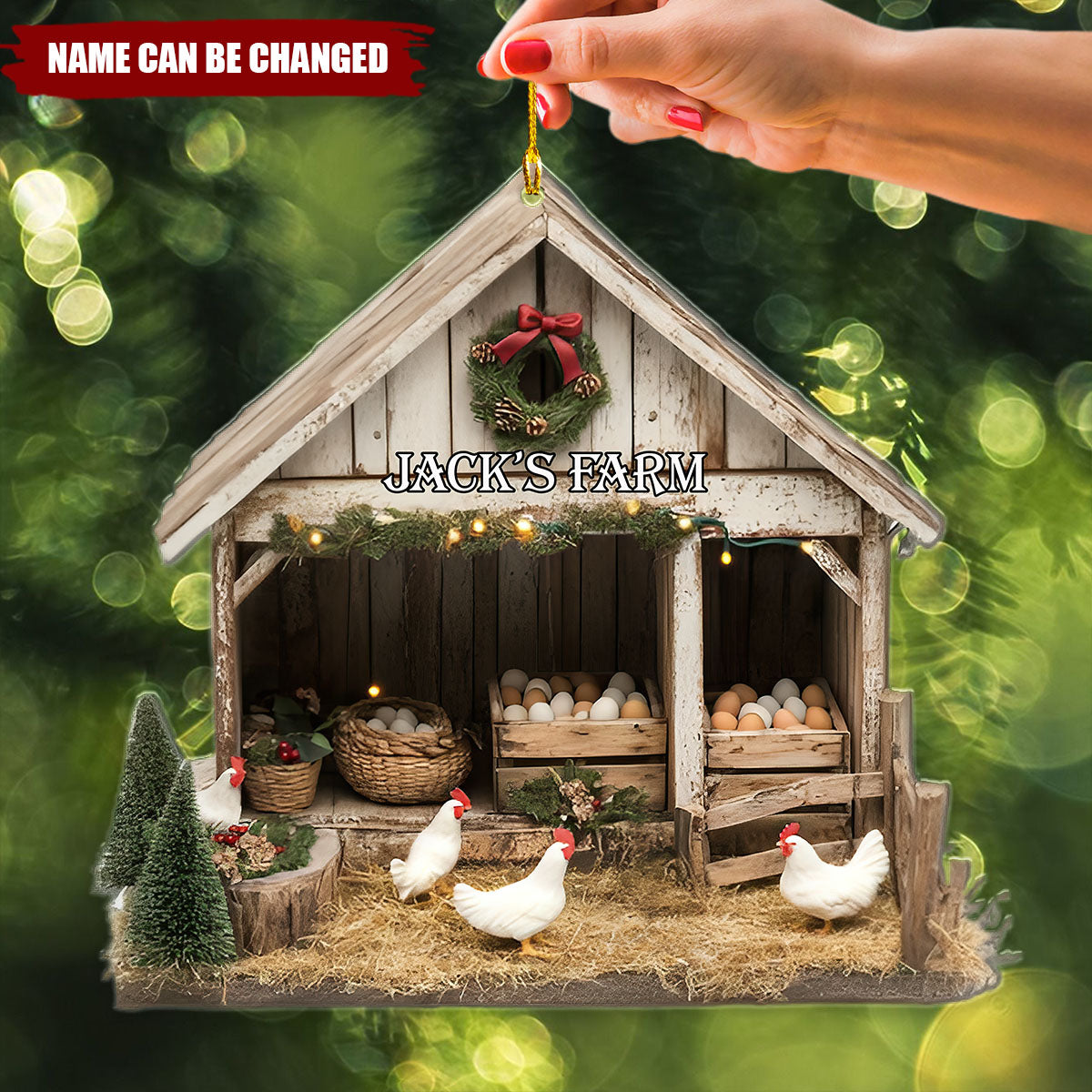 Christmas Eggstravaganza Holiday Chicken Coop Personalized Name Shaped Ornament