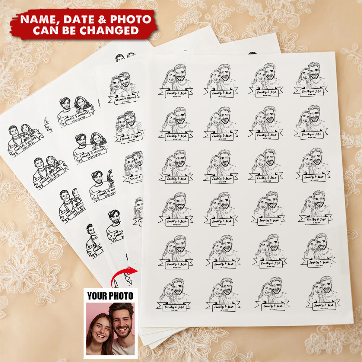 Personalized Waterproof Portrait Tattoos (24-Pack) - Wedding Gift for Couples